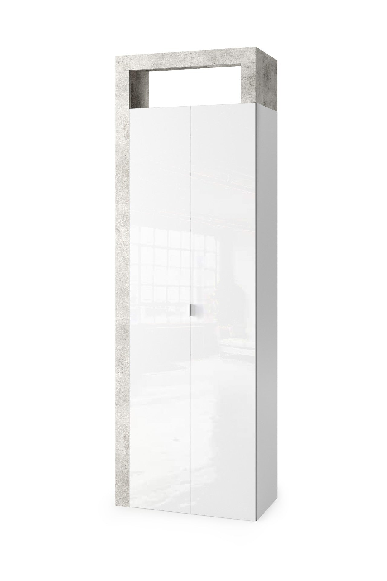 Ancona- Armoire de rangement salle de bain 2 Portes + 5 étagères coloris effet béton façade blanc laqué brillant . L65xH188 cm