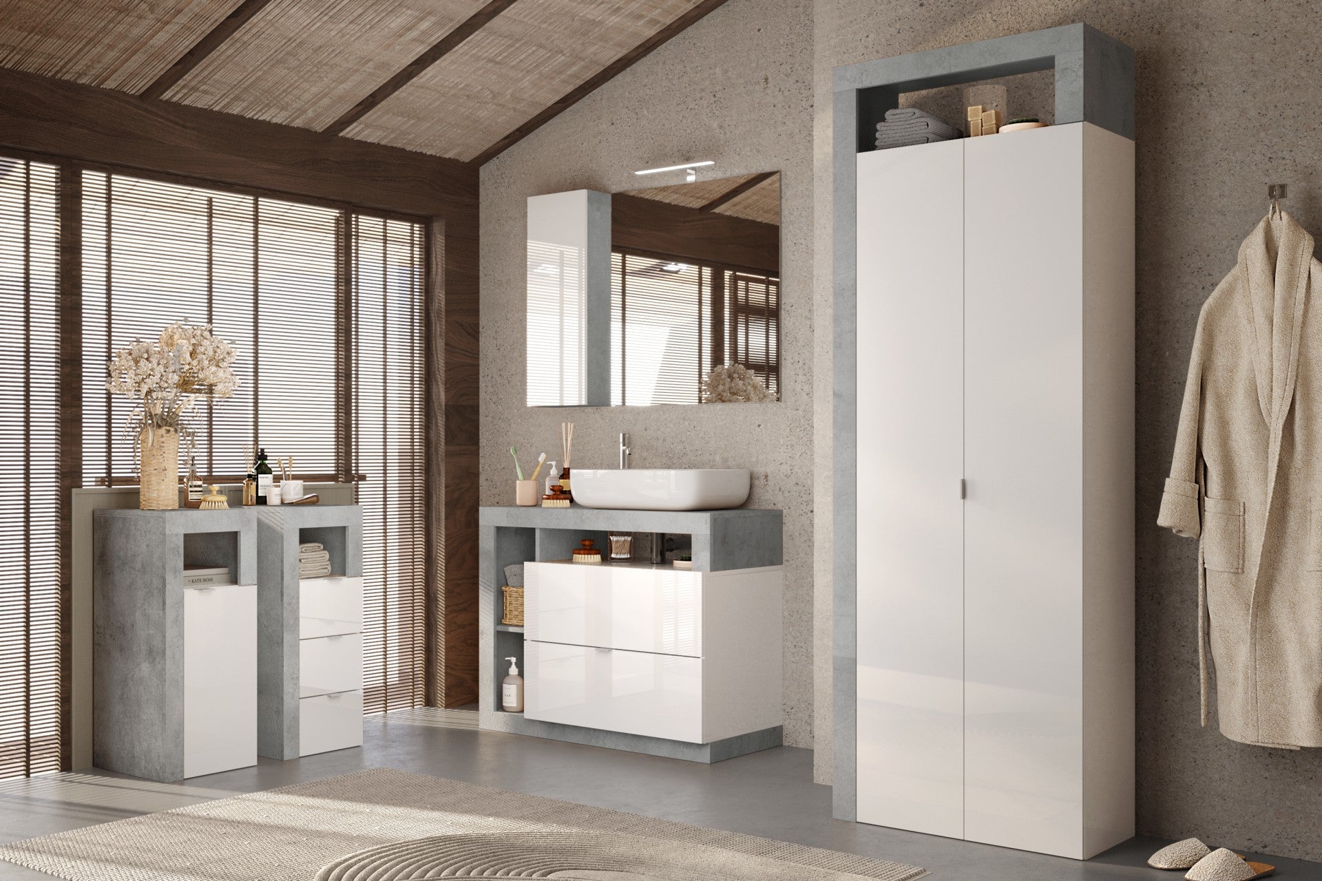 Ancona- Armoire de rangement salle de bain 2 Portes + 5 étagères coloris effet béton façade blanc laqué brillant . L65xH188 cm