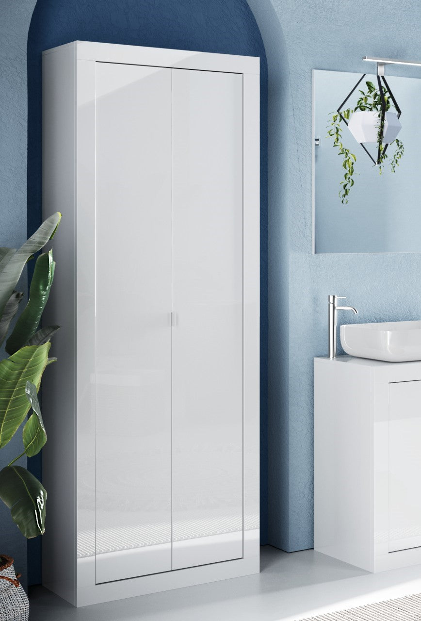 Bari- Armoire de rangement salle de bain 2 Portes + 5 étagères coloris  blanc laqué brillant . L70xH195 cm