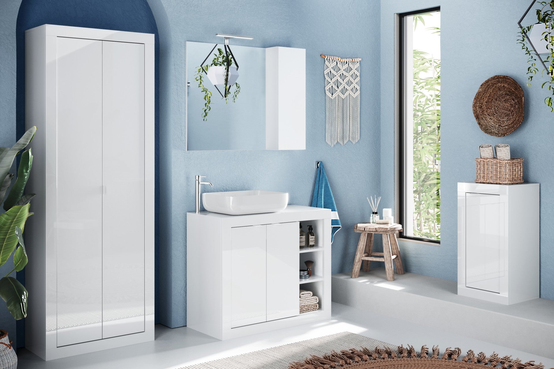 Bari- Armoire de rangement salle de bain 2 Portes + 5 étagères coloris  blanc laqué brillant . L70xH195 cm