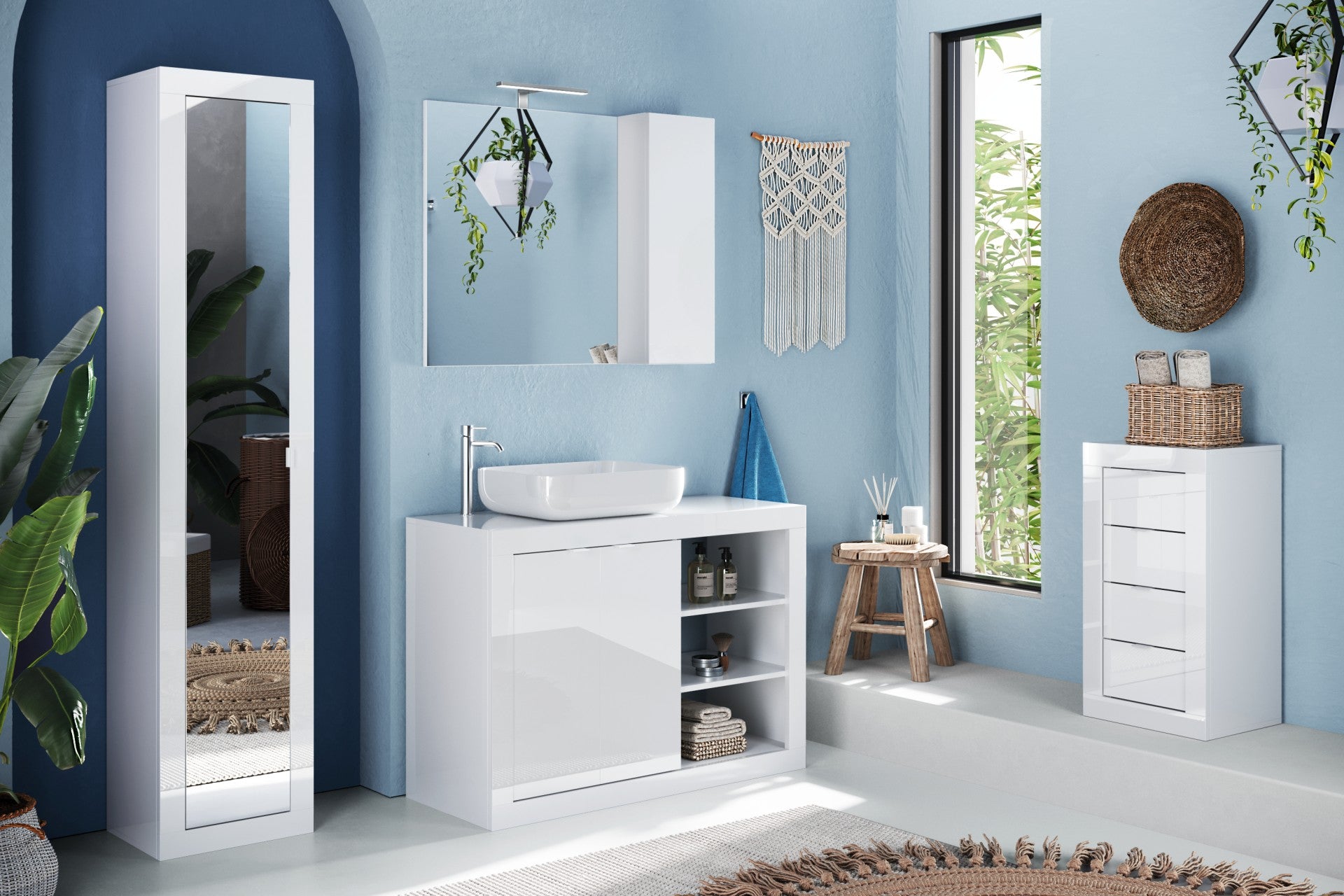 Bari- Armoire de rangement salle de bain 2 Portes Miroir + 5 étagères coloris  blanc laqué brillant . L70xH195 cm