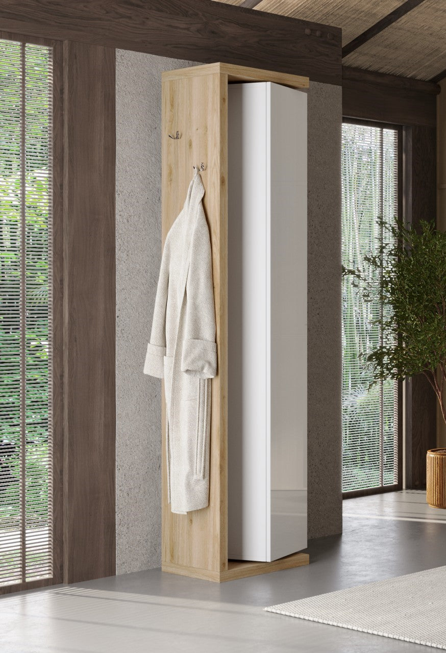 Ancona- Colonne de rangement salle de bain  pivotant   1 Porte + 5 étagères coloris Chêne Kadiz façade blanc laqué brillant. L45xH185 cm