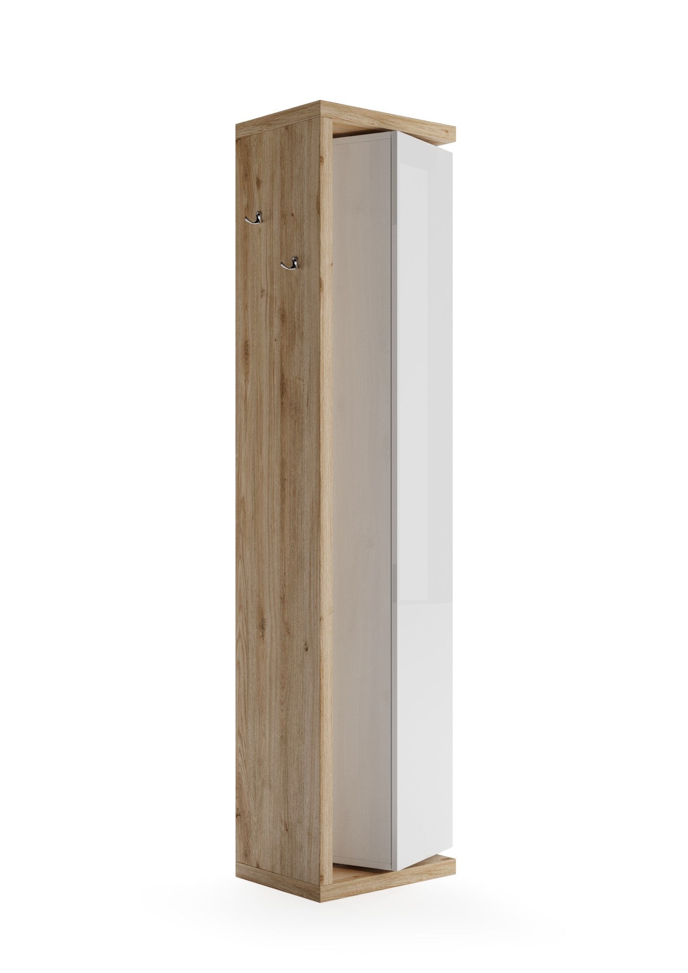 Ancona- Colonne de rangement salle de bain  pivotant   1 Porte + 5 étagères coloris Chêne Kadiz façade blanc laqué brillant. L45xH185 cm