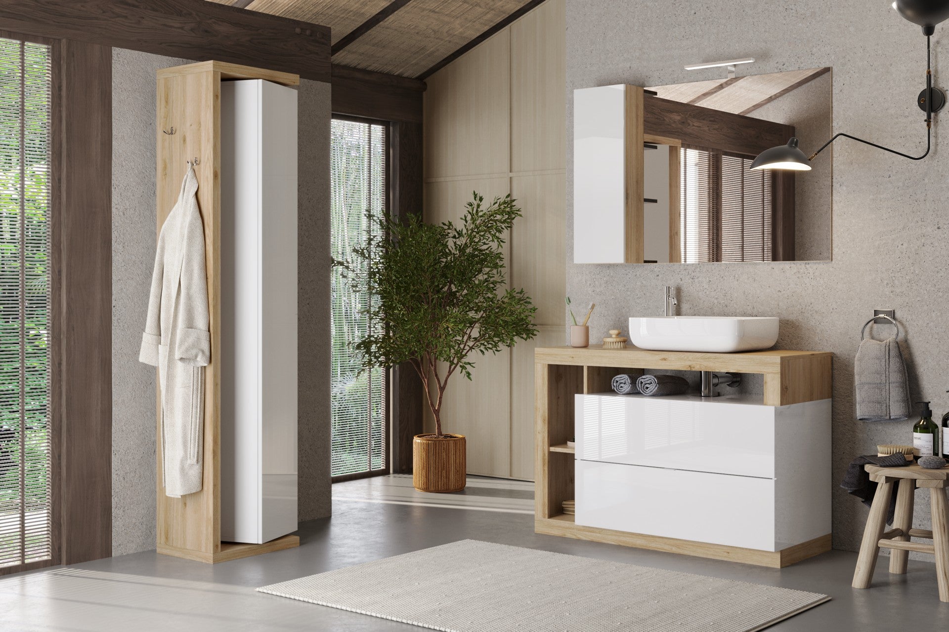 Ancona- Colonne de rangement salle de bain  pivotant   1 Porte + 5 étagères coloris Chêne Kadiz façade blanc laqué brillant. L45xH185 cm