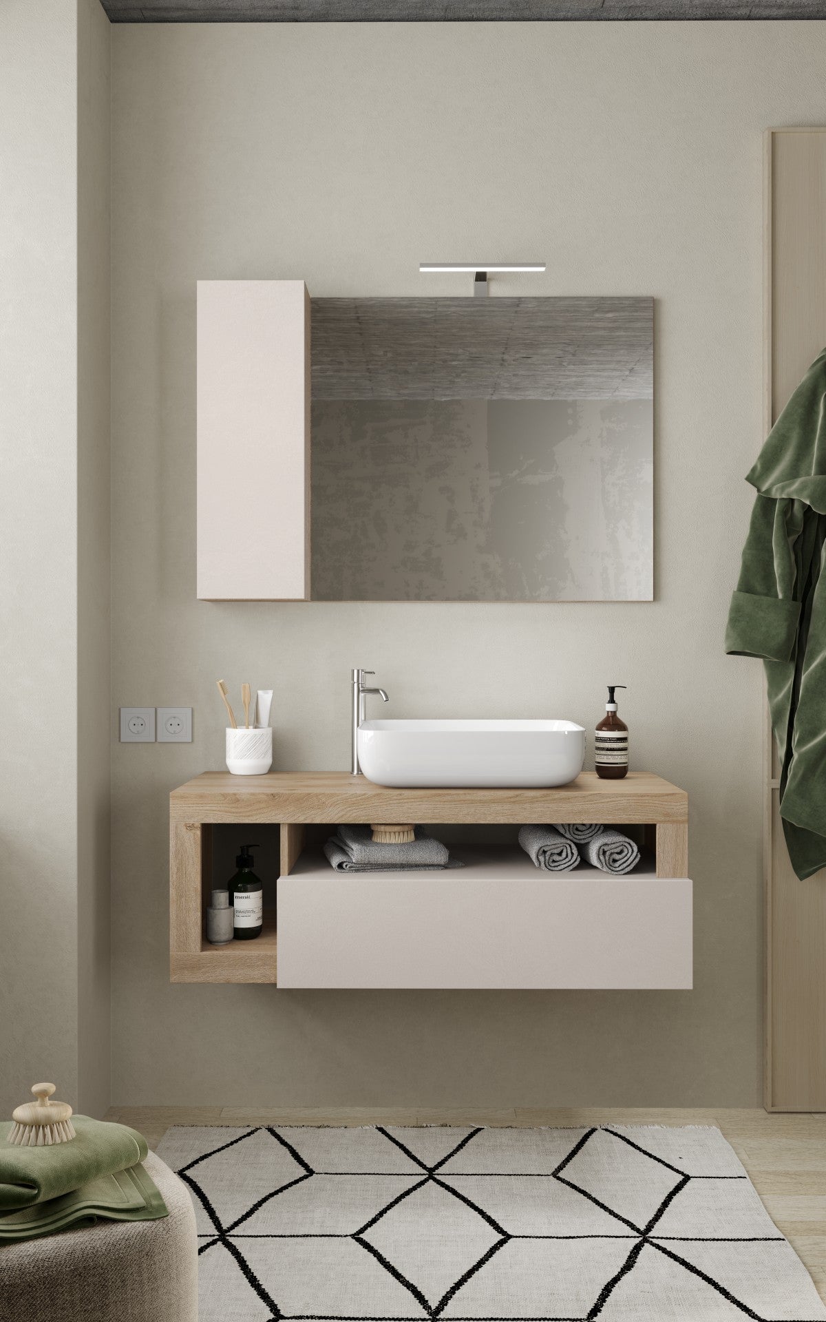 Ancona -Ensemble Meuble salle de bain suspendu + miroir coloris Chêne kadiz & Cachemire laqué brillant - 1 Tiroir + 2 niches +  vasque à poser - Largeur 110 cm