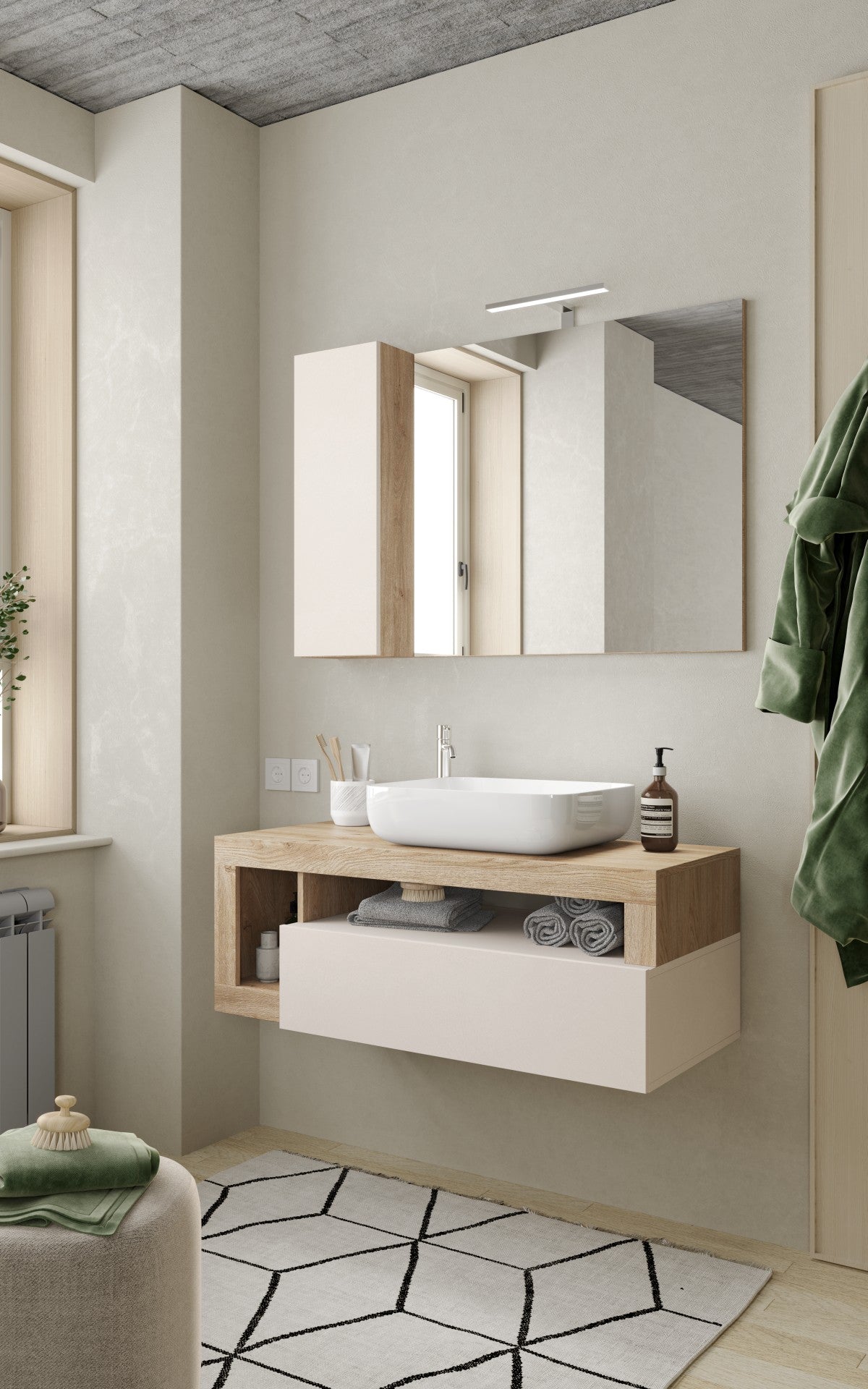 Ancona -Ensemble Meuble salle de bain suspendu + miroir coloris Chêne kadiz & Cachemire laqué brillant - 1 Tiroir + 2 niches +  vasque à poser - Largeur 110 cm