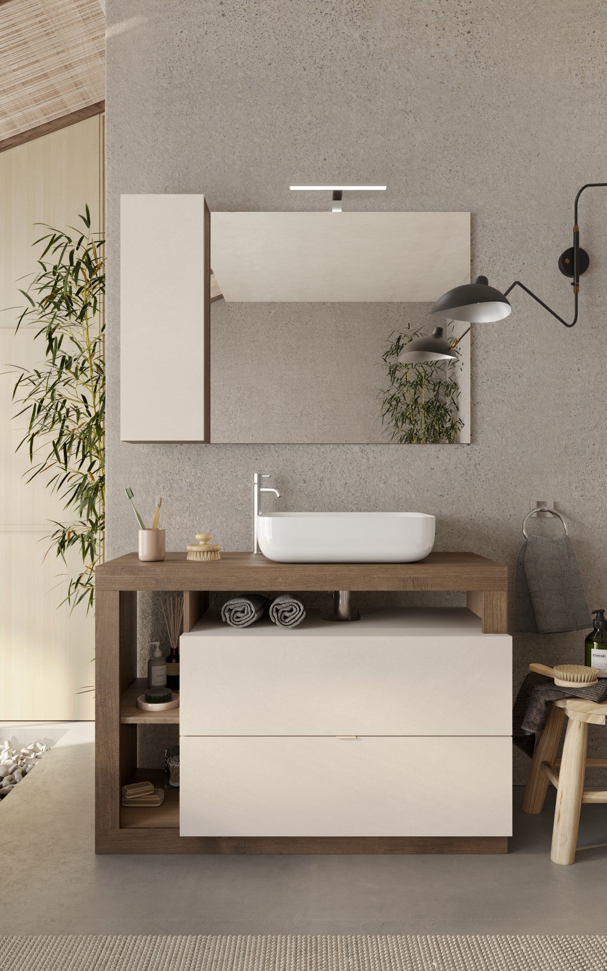 Ancona - Ensemble Meuble salle de bain sur pieds + Miroir   coloris Chêne Mercure et Cachemire laqué brillant - 2 Tiroirs + 3 niches +  vasque à poser - Largeur 110 cm