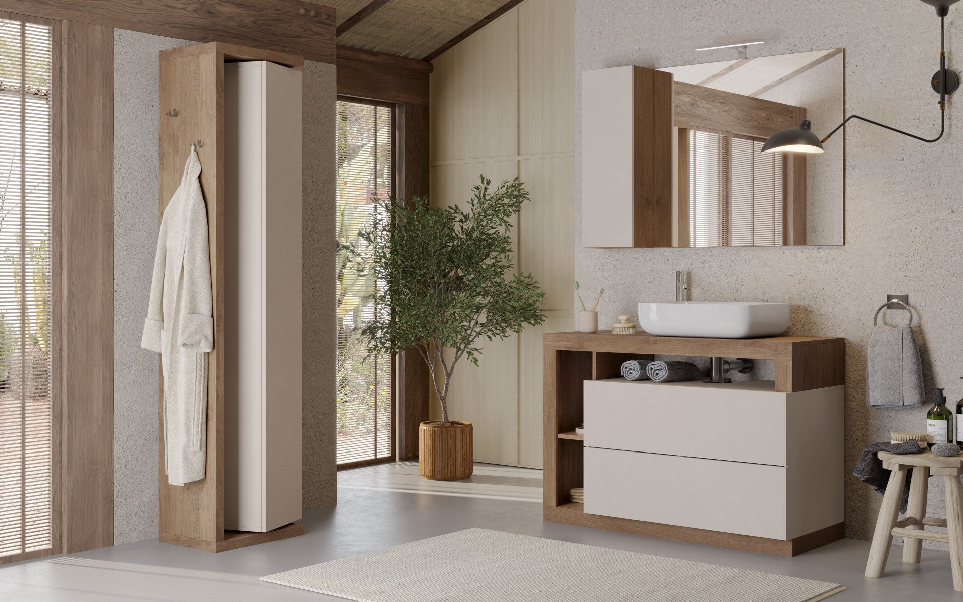 Ancona - Ensemble Meuble salle de bain sur pieds + Miroir   coloris Chêne Mercure et Cachemire laqué brillant - 2 Tiroirs + 3 niches +  vasque à poser - Largeur 110 cm
