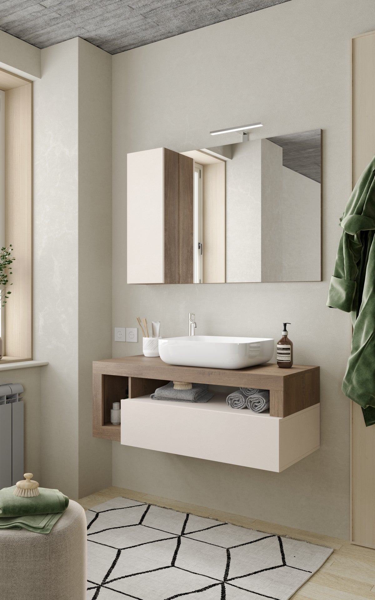 Ancona -Ensemble Meuble salle de bain suspendu + Miroir  coloris Chêne Mercure & Cachemire laqué brillant - 1 Tiroir + 2 niches +  vasque à poser - Largeur 110 cm